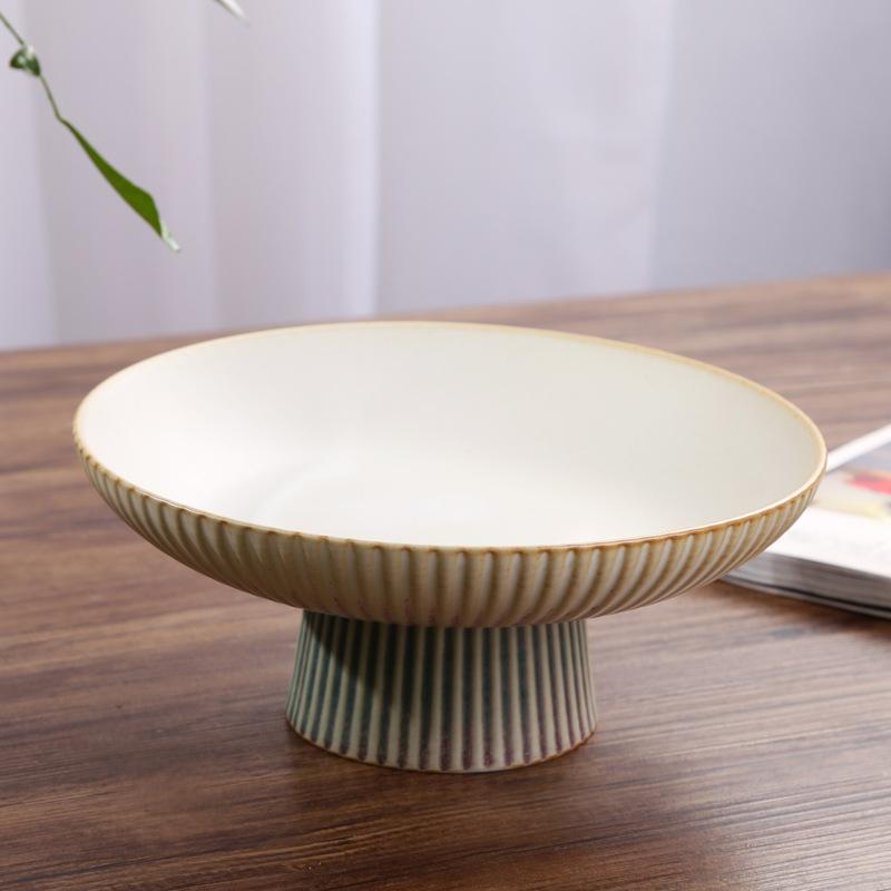 Chinese Retro Glazed Ceramic Plate High Foot Fruit Dish Japanese Zen Tea Tray for Home