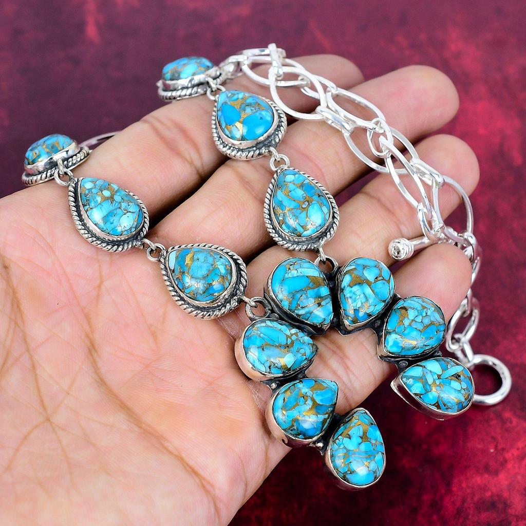 Miedziany Niebieski Turkus Naszyjnik z Litego Srebra Próby 925 z Regulowanym Łańcuszkiem, Ręcznie Robiony Naszyjnik z Kamieniami Szlachetnymi na Dzień Pamięci