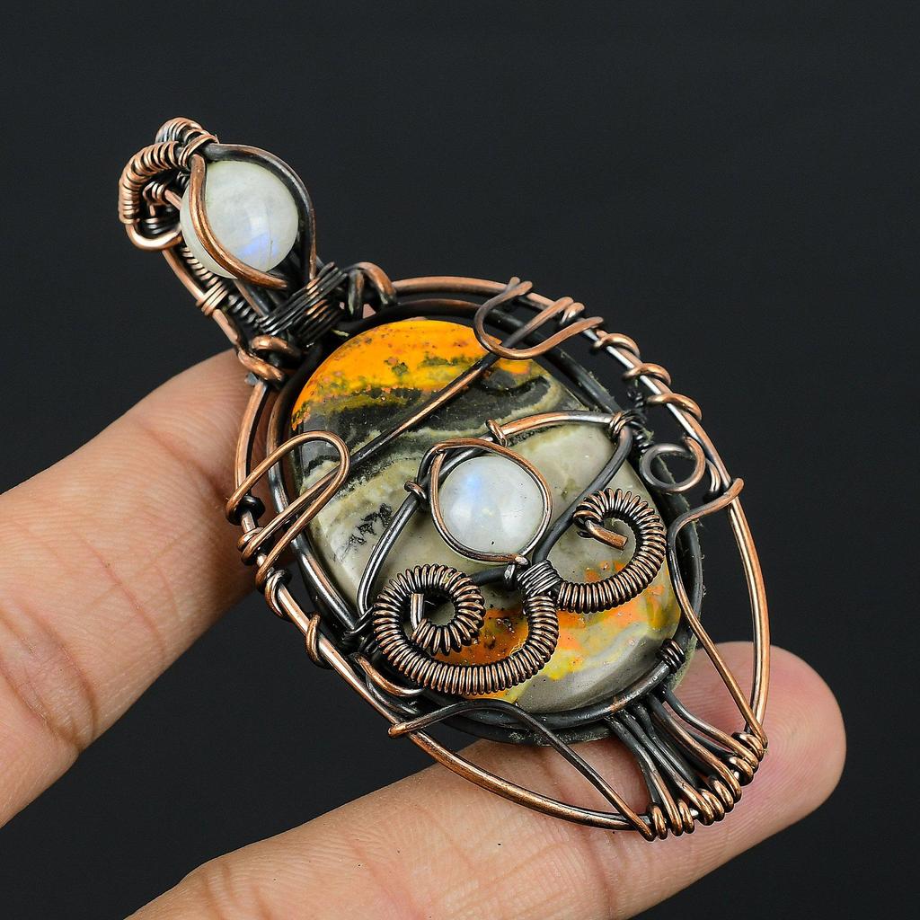 Bumble Bee Jasper & Rainbow Moonstone Jewelry, 999 Copper Wire Wrapped Gemstone Pendant, Handmade Pendant, For Memorial Day