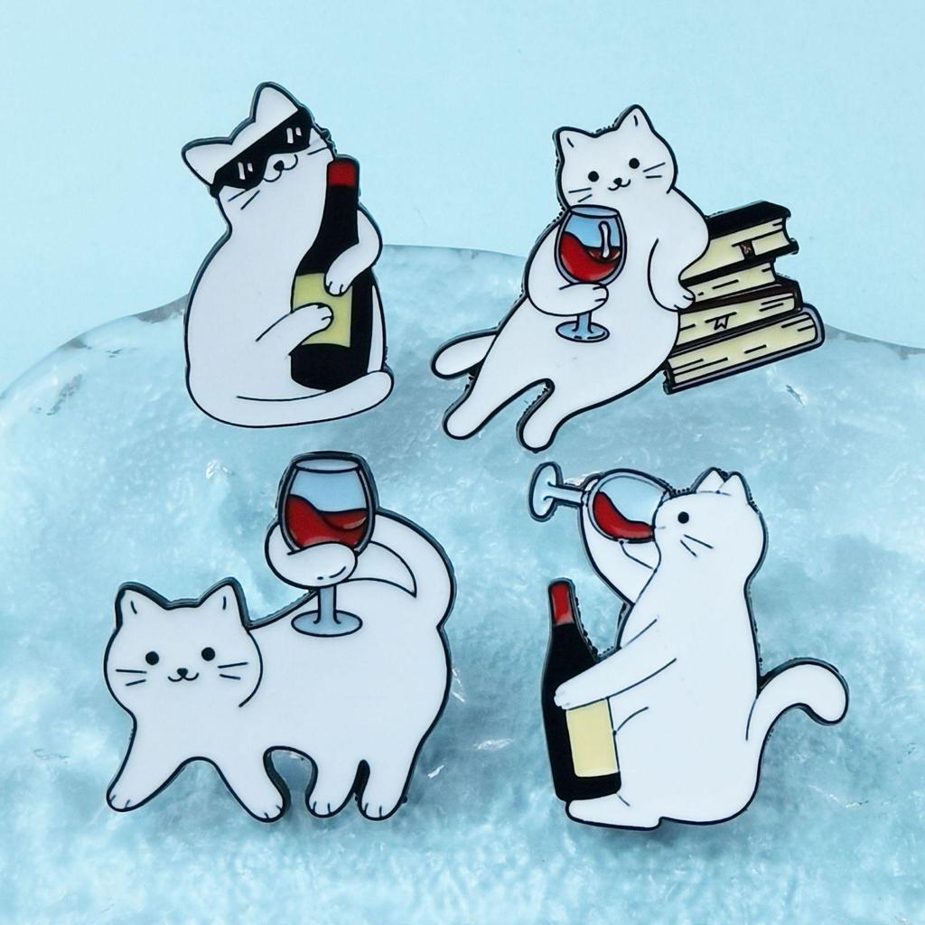 Adorable White Cat Drinking Alcohol Brooch - Cartoon Badge for Backpacks and Accessories