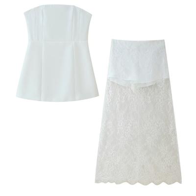 Women's Strapless Sleeveless Fitted Two-Piece Outfit Solid Tube Top High Waist Lace Midi Skirt Set