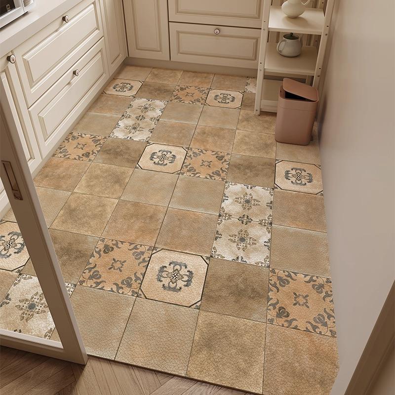 Retro Plaid Kitchen Floor Mat Oil-proof Waterproof PVC Leather Carpet Fashionable Home Decoration Free-cut Balcony Rugs Alfombra