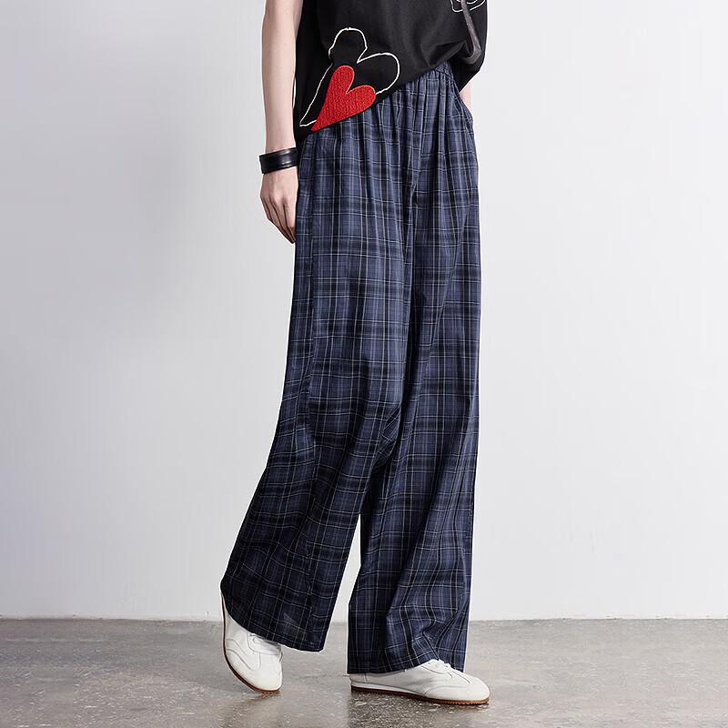 Chuyu Women's Cotton Loose Plaid Wide-leg Pants
