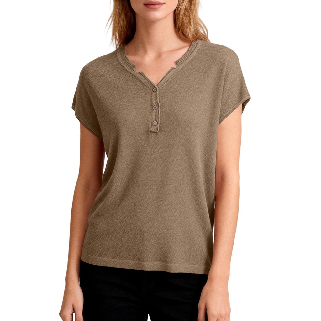 Women's V-neck Loose Button Placket Short Sleeve T-shirt