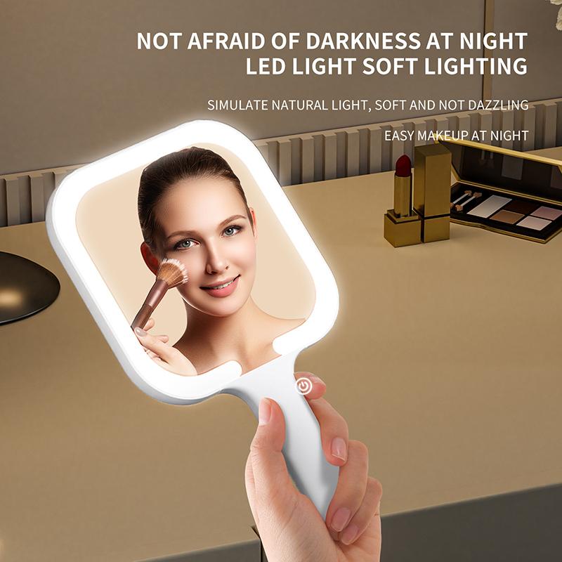 Handheld Makeup Mirror 3 Colors LED Light Mirrors Portable HD Intelligent Touch Screen Control Cosmetic Mirror Type-C Charging