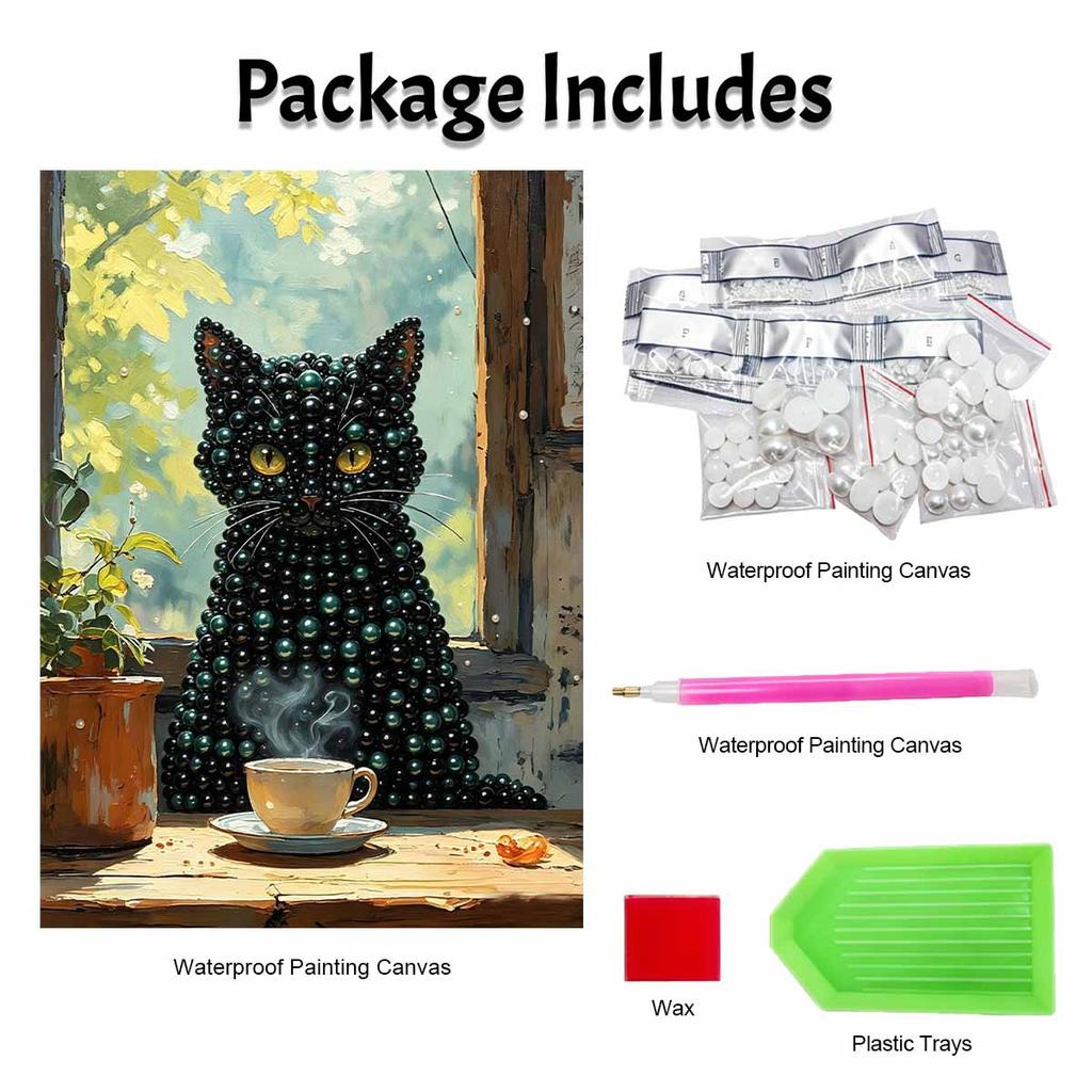 DIY Framed Pearl Bead Art Kit Black Cat Coffee Cup Pattern Sparkling Canvas Painting Set Relaxing Handmade Craft Gift Decor Home Supplies