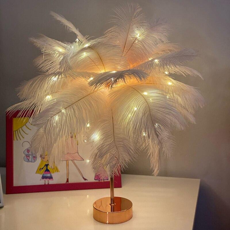 Péřová noční lampa dálkové ovládání stolní lampa USB/AA Creative peříčkové stínidlo na svatbu Dekorace do obývacího pokoje
