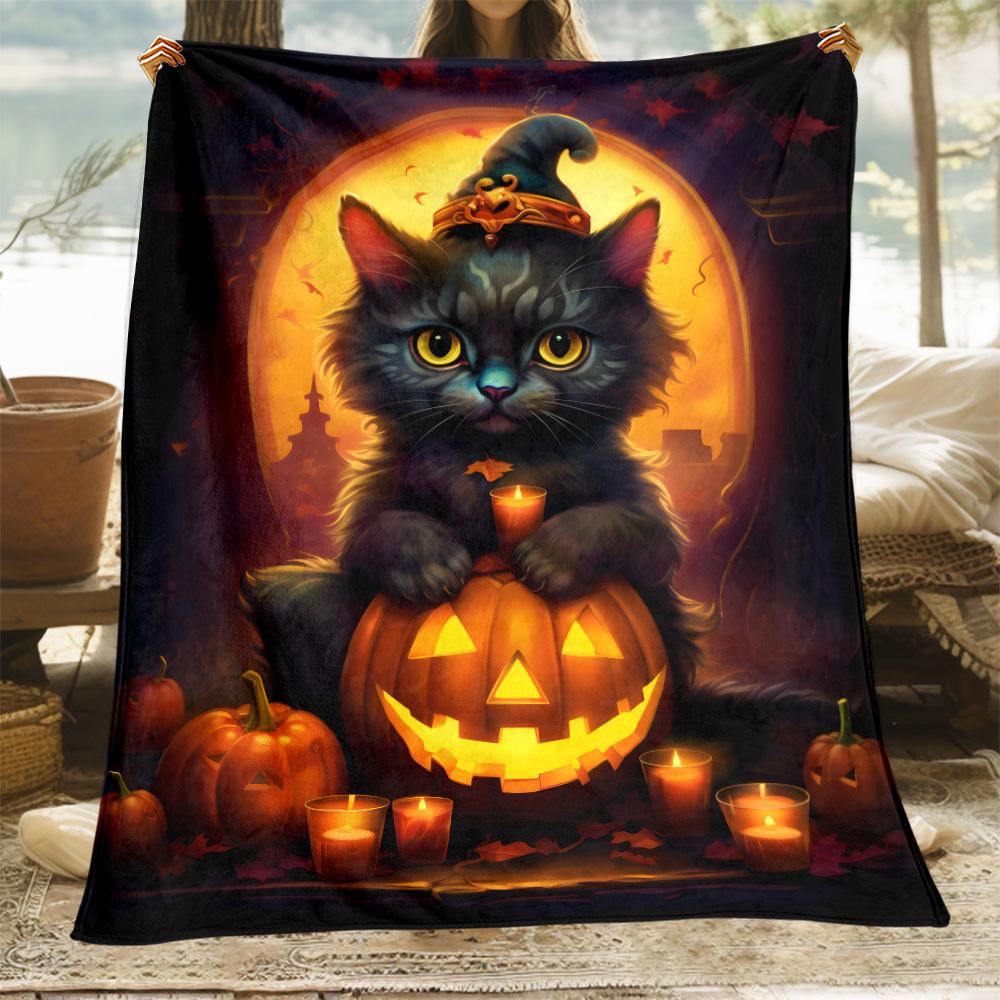

Halloween Cat Pumpkin Candle Fleece Blanket Soft Warm Throw Halloween Decor Gift for Kids Adults Cozy Home Bedding PartySupplies 75x100cm