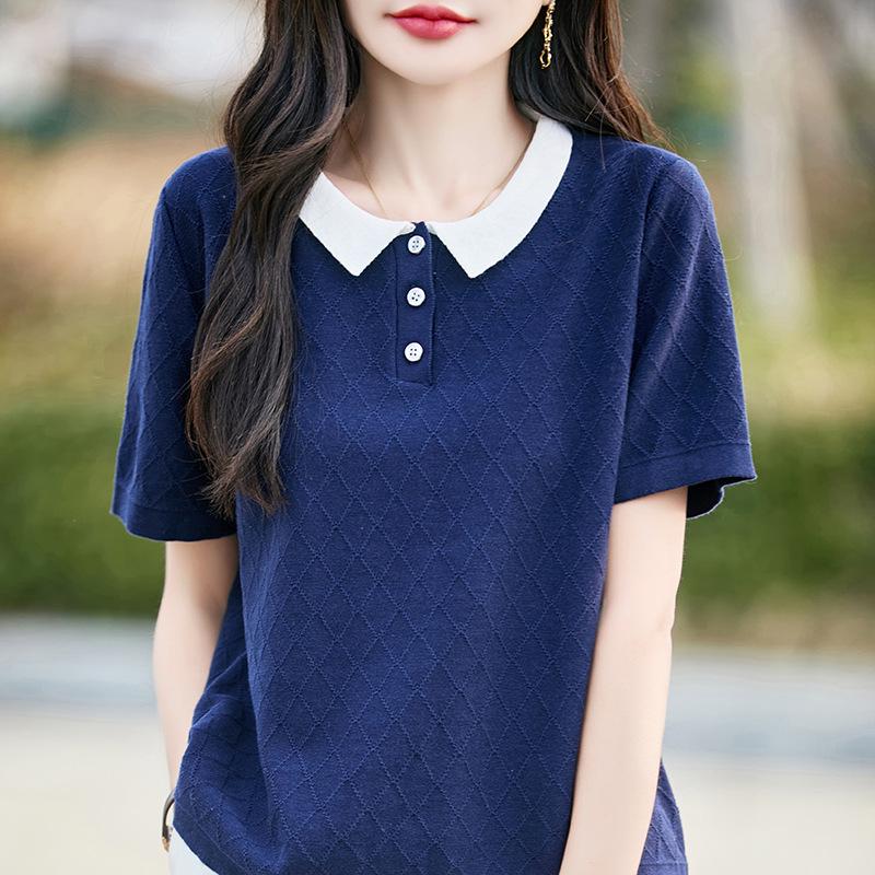 Women's Summer Short-Sleeve Cotton Polo with Contrast Collar