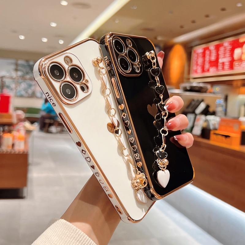 Soft Electroplated Love Heart Silicone Case For iPhone 11 12 13 Pro Max XS X XR 7 8 Plus SE  Mini Bracelet Bumper Cover