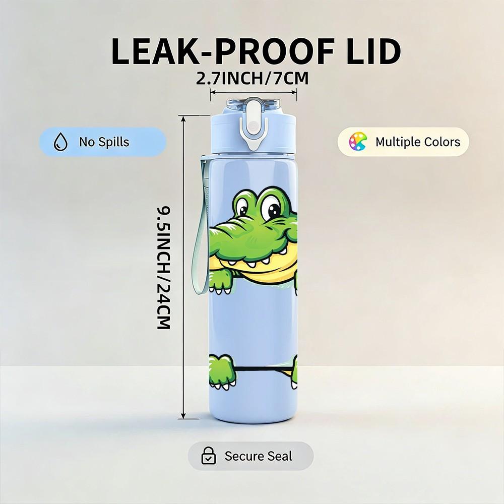 1PC Cute Crocodile Cartoon Animal Print 750ml Color Plastic Sports Water Bottle Leakproof Flip Straw Lid Suitable for Sports Office Home Use
