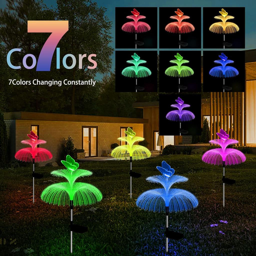 1pc Solar Garden Lights Waterproof Outdoor Decorative 7 Color Changing Double Jellyfish and Butterfly Flower Garden Decor Yard Christmas Pool Outdoor