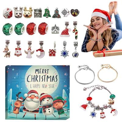 Ensemble de Bracelets de l'Avent de Noël Breloques Calendrier de l'Avent 24 Jours Ensemble de Bracelets Mignonnes Fournitures de Noël Kit de Fabrication de Bijoux Avec 2