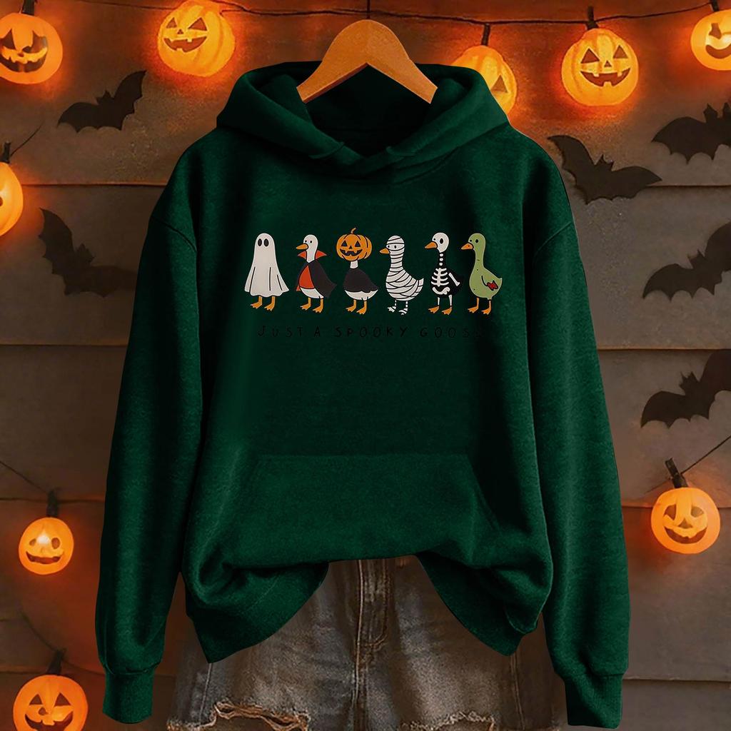 Damemote Casual Langermet trykt Rundhals hettegenser Pullover Topp med lommer