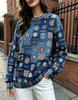 Women Crew Neck Fleece Sweatshirt Vintage College Badge Plaid Patchwork Print Long Sleeve Loose No Hood Warm Pullover