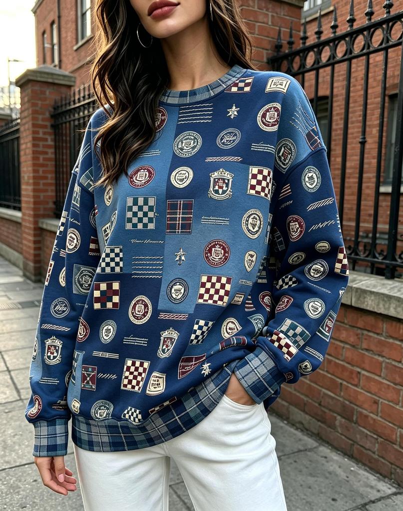 Women Crew Neck Fleece Sweatshirt Vintage College Badge Plaid Patchwork Print Long Sleeve Loose No Hood Warm Pullover