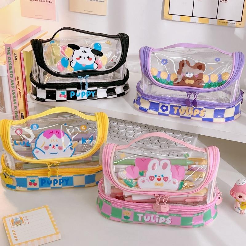 Transparent Pencil Case Cute Cartoon Lovely Animal Pencil Bag High Capacity Stationery Storage Bag Student Supplier