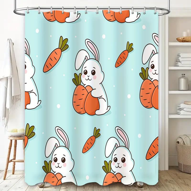 Cute Cartoon Bunny Carrot Print Shower Curtain Bathroom Decor Waterproof Fabric Home Decoration Blue Size: 180X240Cm White Siz