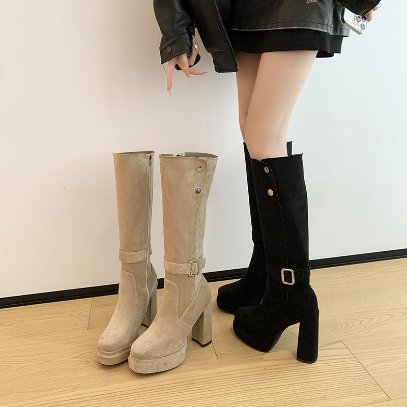 High-heeled boots 2025 autumn and winter new small waterproof table suede thick-heeled fashion boots women's thin Martin boots