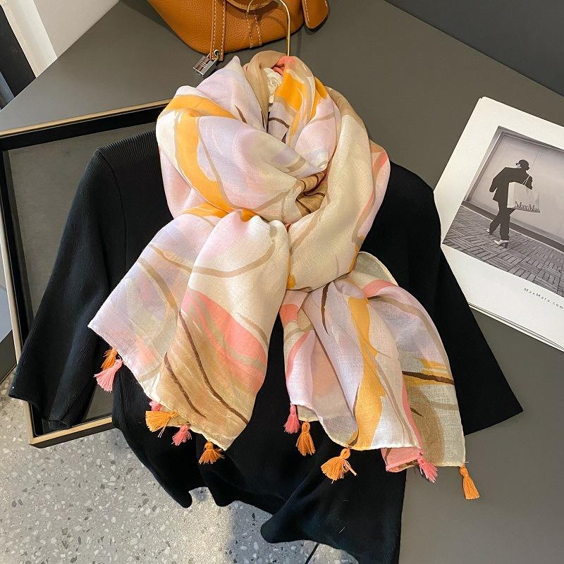 Spain Luxury Fashion Floral Dot Tassel Viscose Shawl Scarf High Quality Wrap Thin Pashmina Stole Bufandas Muslim Hijab 180*90Cm