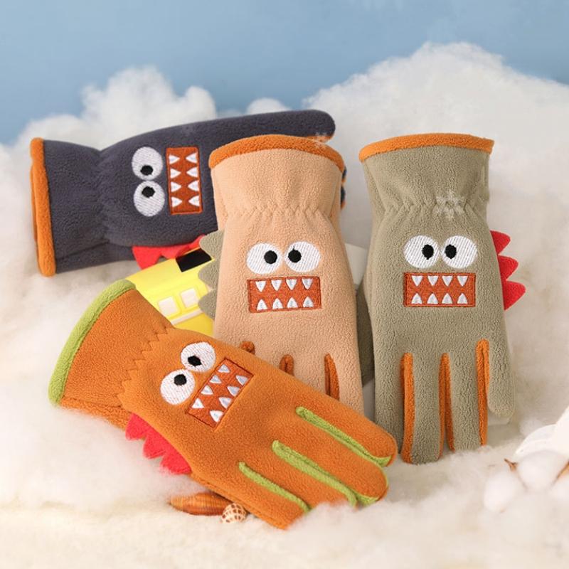 Cartoon Dinosaur Children Winter Gloves Thicken Warm Boys Girls Five Finger Gloves Kids Plush Outdoor Riding Ski Gloves