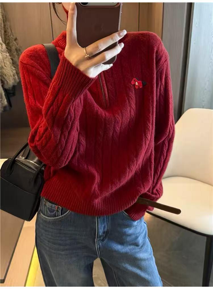 Embroidered Half-Zip Wool Sweater: Versatile New Year Cable Knit Design, Soft & Cozy, Stylish for Women
