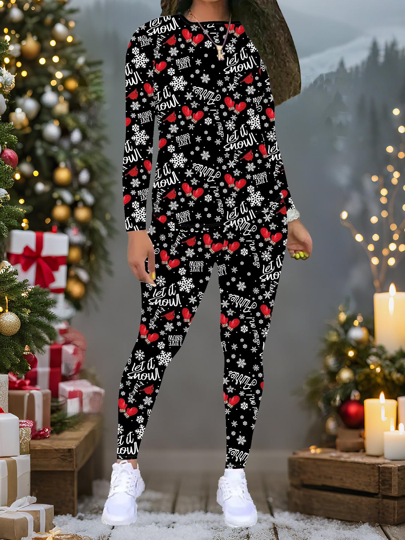 

Женский рождественский костюм-двойка с принтом: Топ с длинным рукавом и круглым вырезом и брюки, праздничный лимитированный повседневный костюм для вечеринки в подарок XXL чёрный