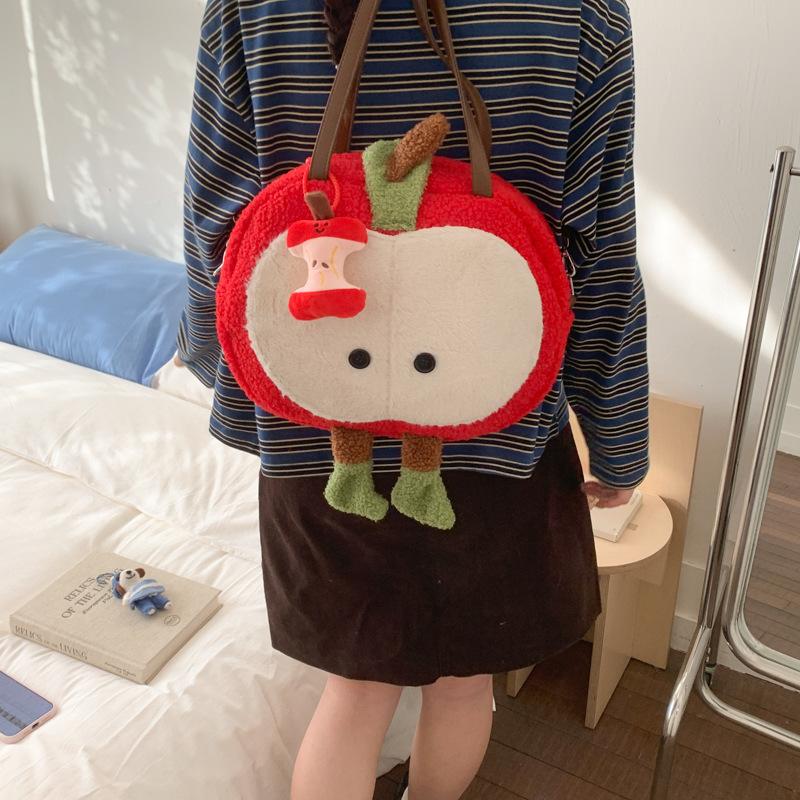 Kawaii Plush Apple Bag For Women Cute Cartoon Red Handbag Large Capacity Furry Tote Bag Multifunctional Crossbody Shoulder Bag