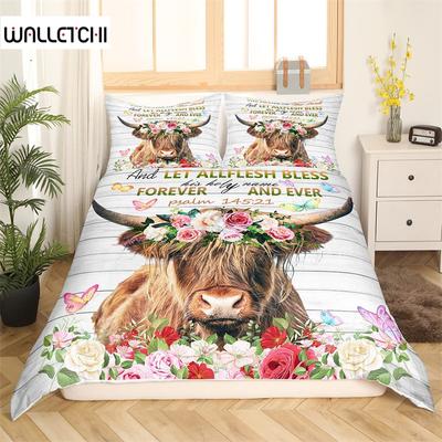 Funda Nórdica Vaca Highland Juego de Cama Animal de Granja Occidental Completo King Para Niños Niñas Microfibra Floral Toro Ganado Funda para Edredón