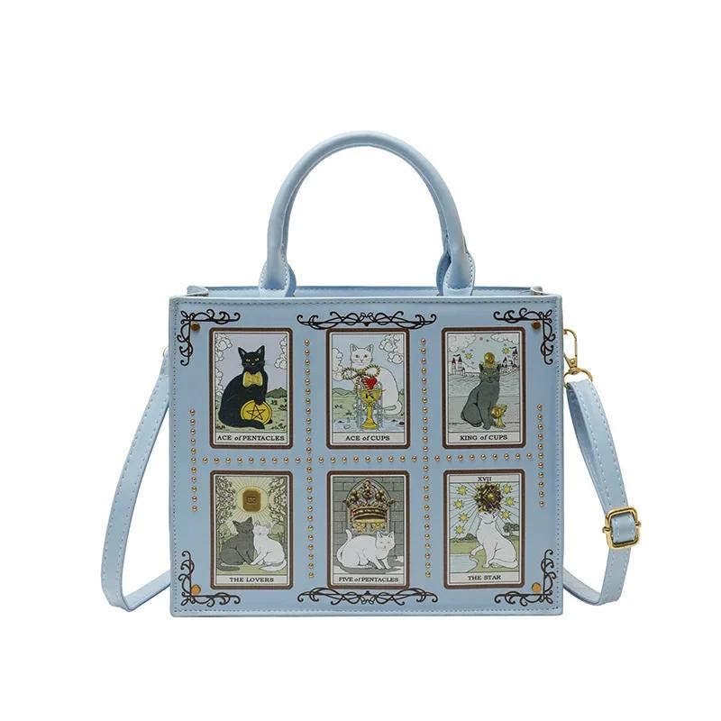 Geantă Tote Retro cu Imprimeu Pisici Tarot, Geantă Crossbody/de Umăr Drăguță Unică Inovatoare, Geantă cu Mâner Capacitate Mare pentru Navetă Întâlniri gray