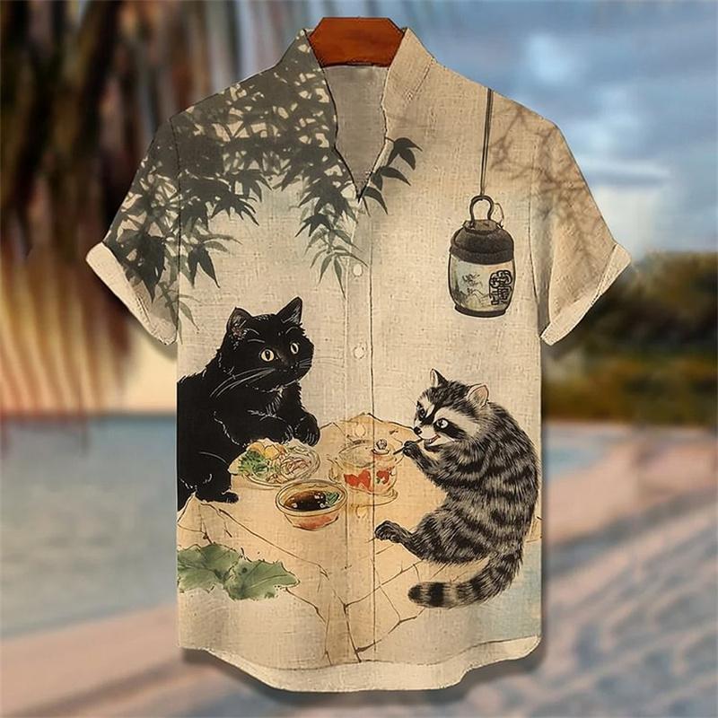 Nuova Maglia Casual da Uomo Nuova Arte Stampa 3D Carino Gatto Alta Qualità Lino Manica Corta Top