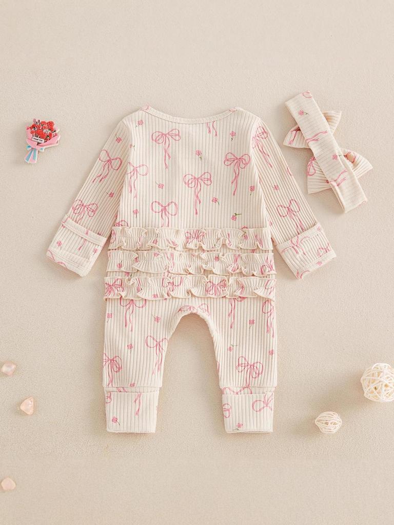 Schmetterlingsprint Langarm Body mit Schleife - Neugeborene Baumwolle Gerippt, Frühling/Herbst Stil