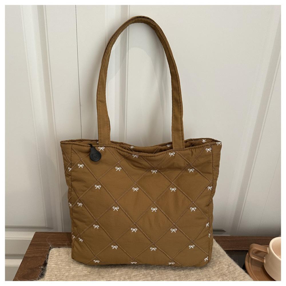 Casual Large Capacity Quilted Tote Bag Solid Color Argyle Pattern Shoulder Bag Bow Embroidery Lightweight Handbag