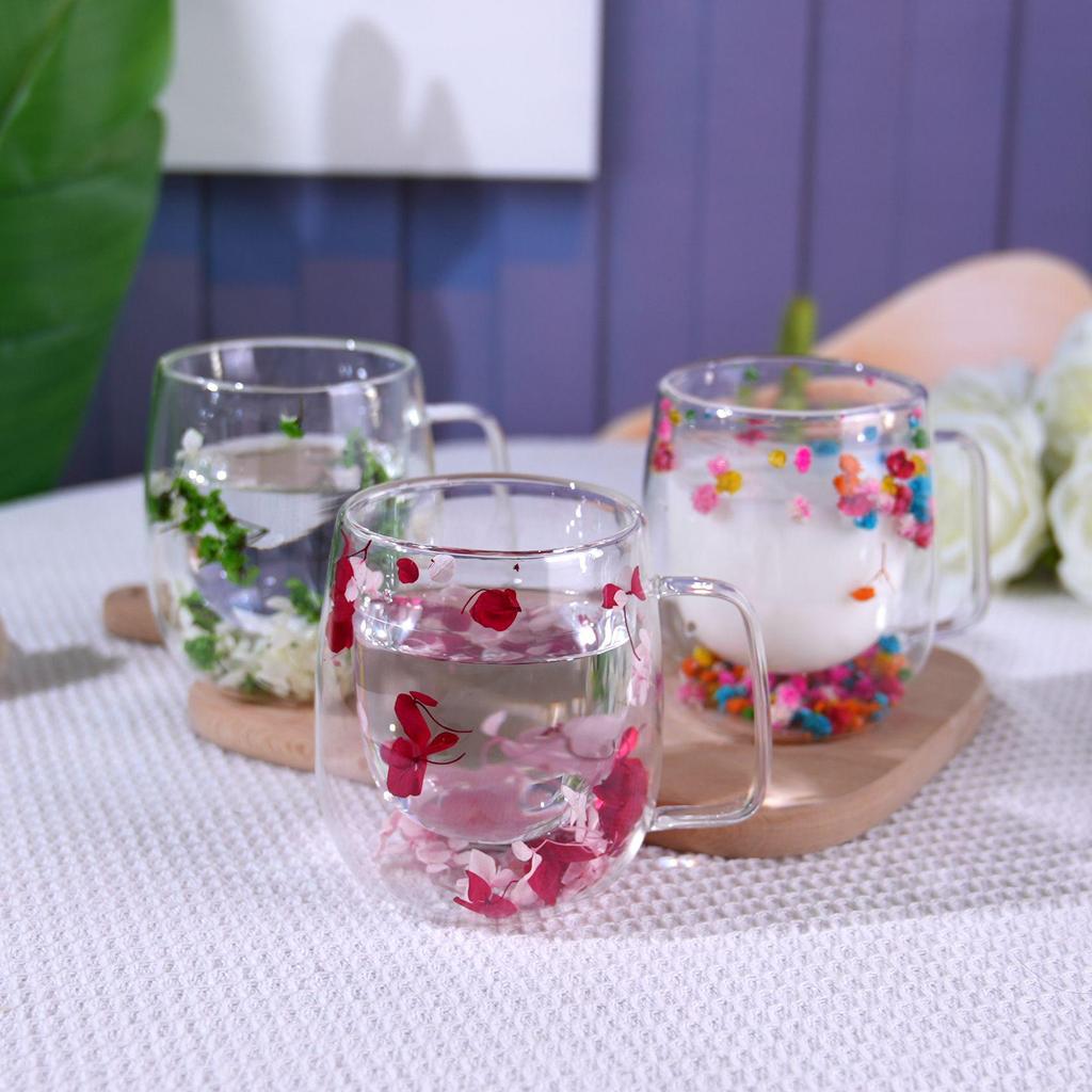 Luxury Double-Layer Glass Cup with Real Flowers and Quicksand Design