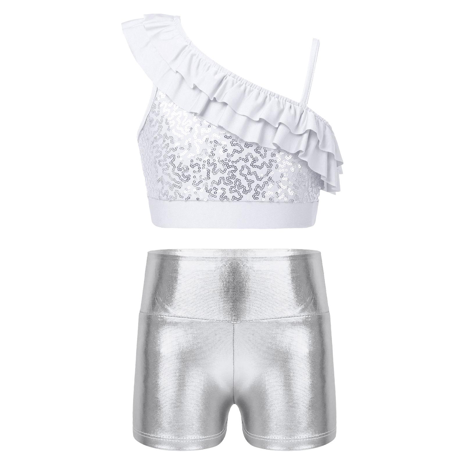

Girls Asymmetrical Shoulder Sequin Crop Top Metallic High Waist Shorts Dance Gymnastics Competition Outfit 5-6 Years серебряный