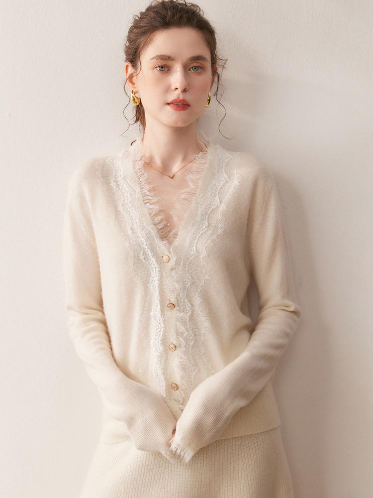 2025 Herbst/Winter Damen V-Ausschnitt Kaschmir Spitzen Strickjacke