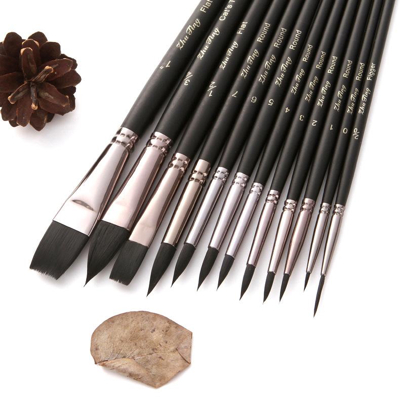 12pcs Artist Paint Brush Set High Quality Nylon Hair Wood Black Handle Watercolor Acrylic Oil Brush Painting Art Supplies