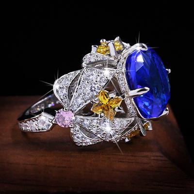 Vintage-Schmuck Luxus Big Sapphire 925 Sterling Silber Ringe Für Frauen Elegante Blume, Verlobung, Hochzeit Band Jahrestag Ringe