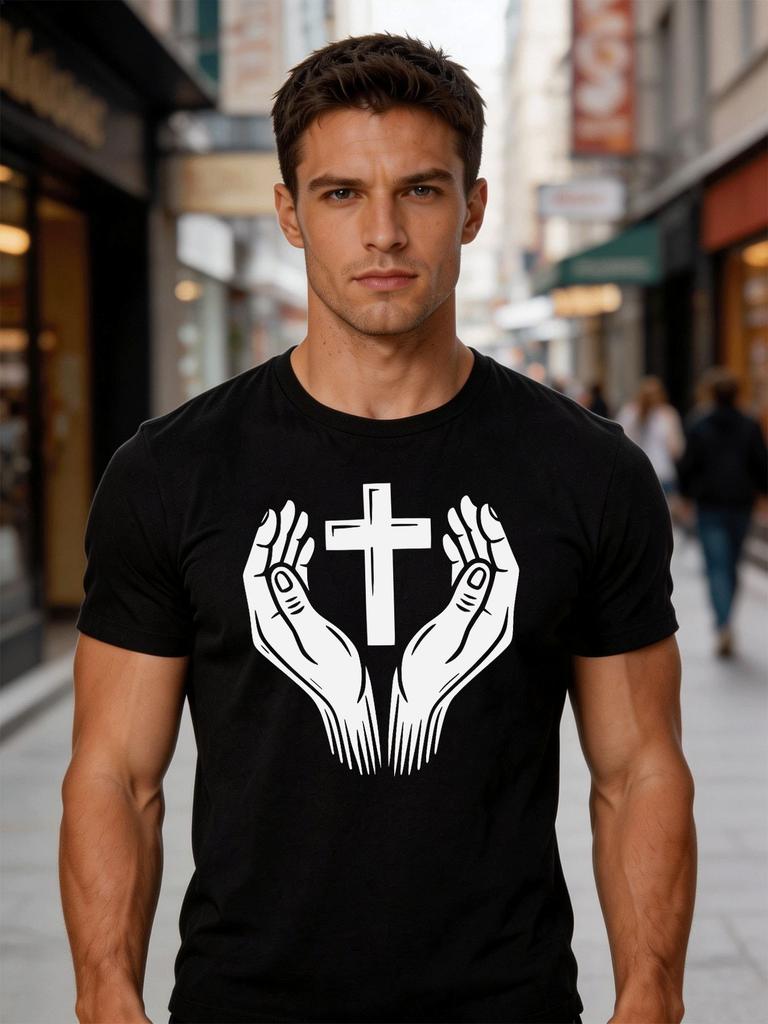 Male Cotton Short Sleeve T Shirt Prayer Hands Cross Pattern Loose Crew Neck Trendy Faith Casual Summer Tees For Young Adult Unisex