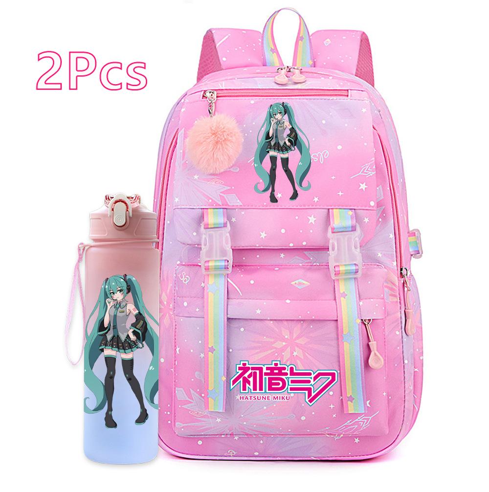 2 st/set Söt Hatsune Miku-tryckt Ryggsäck med 750 ml Vattenflaska för Tonårsflicka Pojke Skolväska Stor Kapacitet Vattentät Resväska Gåva