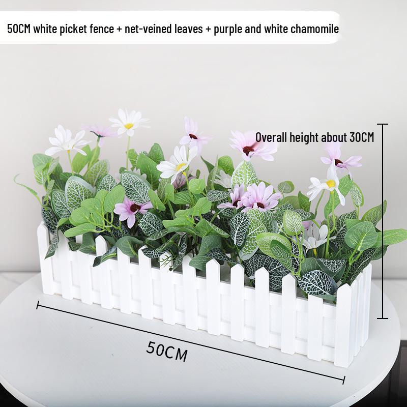 Silk Flower Pot with Wood Fence: Decorative Bonsai for Living Room or Office.