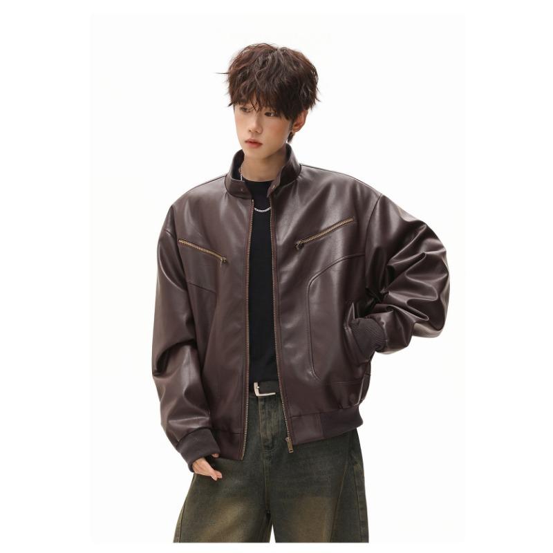 Men Vintage Loose Stand Collar Windproof Motorcycle Jacket Autumn