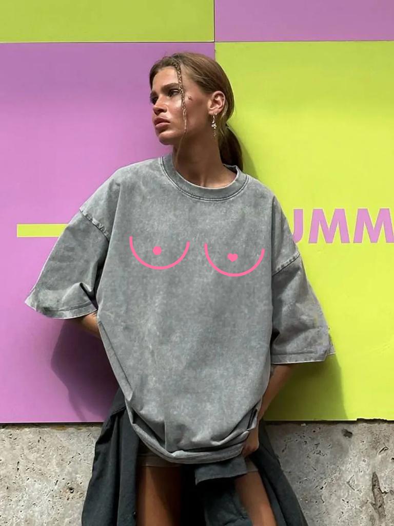 Sommer Baumwolle Gewaschene T-Shirts Damen Herz Lustiges Grafik T-Shirt Y2k Locker Lässig Retro Kurzarm T-Shirt Hip Hop Streetwear