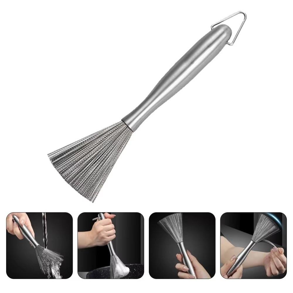Stainless Steel Kitchen Cleaning Brush Long Handle Anti-Rust Dish Washing Brush One-piece Molded Steel Wire Pot Cleaning Tool