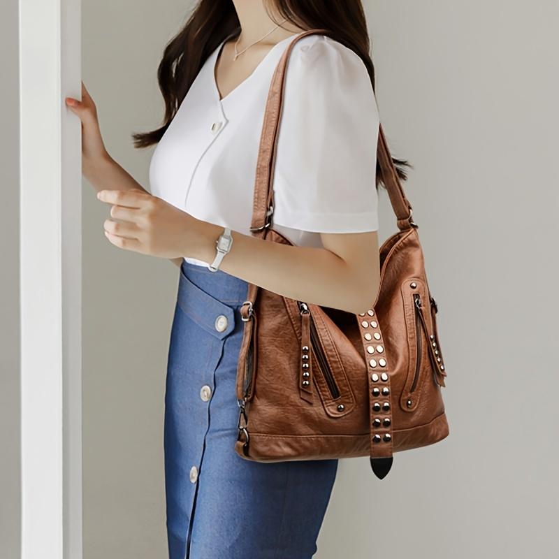 Elegant Shoulder Bag Large Capacity Elegant Solid-Color Rivet Messenger Bag Travel Shopping Retro Bags New Handbag