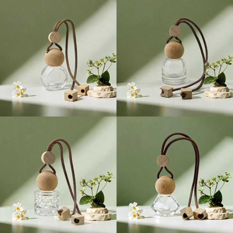 1Pcs Perfume Glass Bottle Empty Car Air Freshener Pendant With Wooden Caps Refillable Car Essential Oil Diffuser Bottle