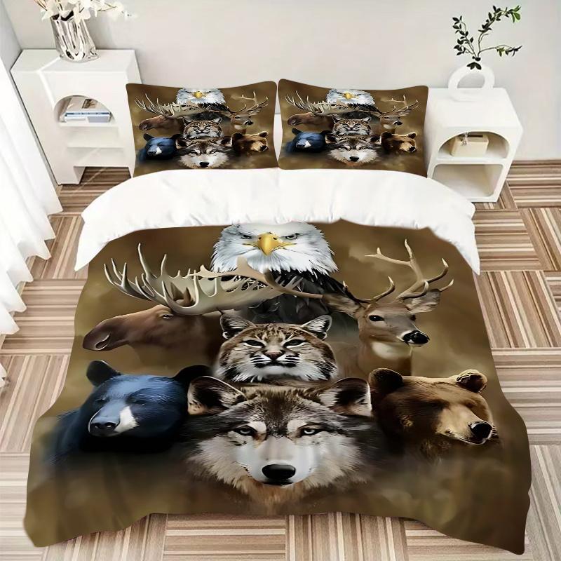 3pcs Wildlife Animal Faces Collage Comforter Set with 1 Quilt Cover and 2 Pillowcases (No Core) - Home Decor, Festival Gift, Polyester Fabric, Anime C