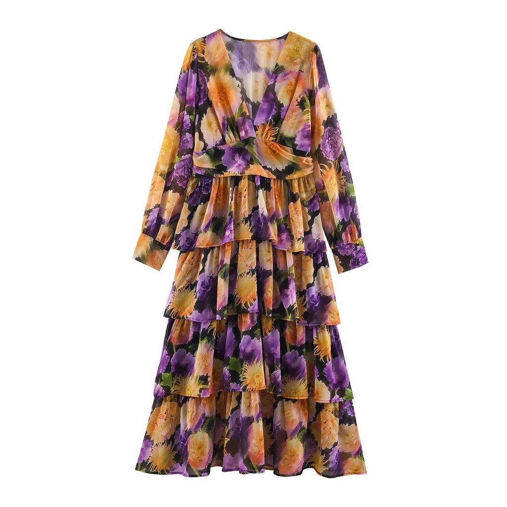 Summer European and American women's clothing V-neck printed laminated cake dress