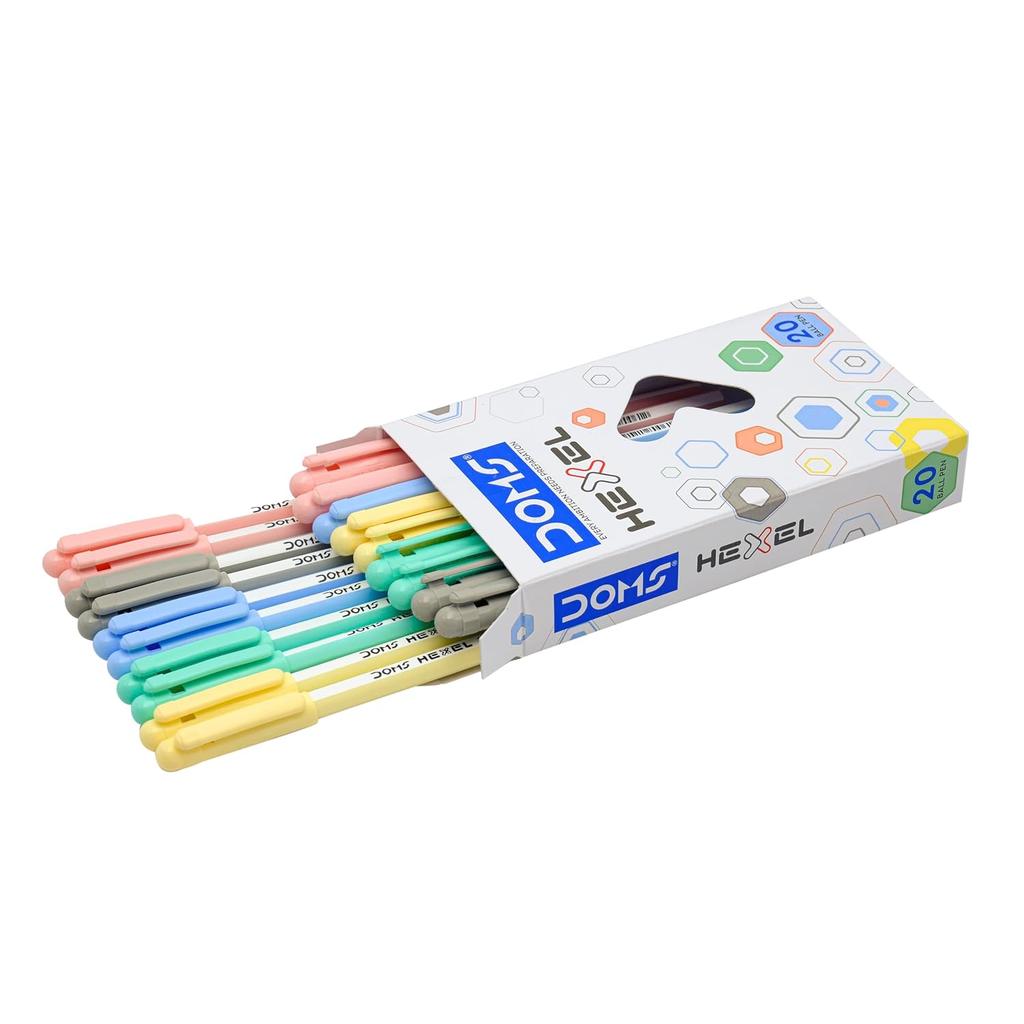 DOMS Hexel Ball Pen Blue Ink 20 Pc Pack Smooth Writing Pens For School Office Exams Home Daily Use Reliable Grip Box