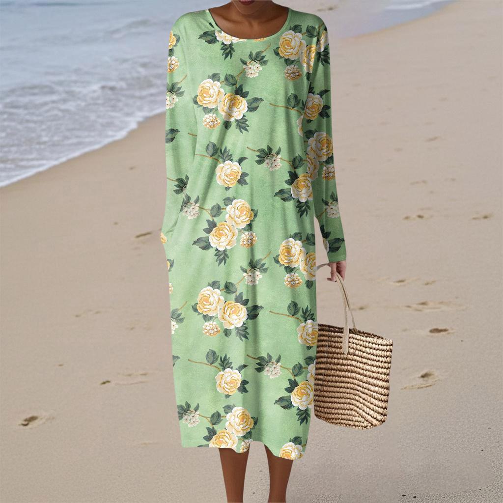 Women's Fashion Casual Long Sleeve Floral Print Round Neck Pocket Elegant Temperament Dress